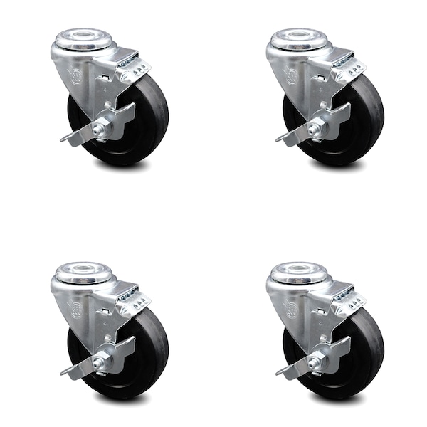 4 Inch Soft Rubber Wheel Swivel Bolt Hole Caster Set with Brake